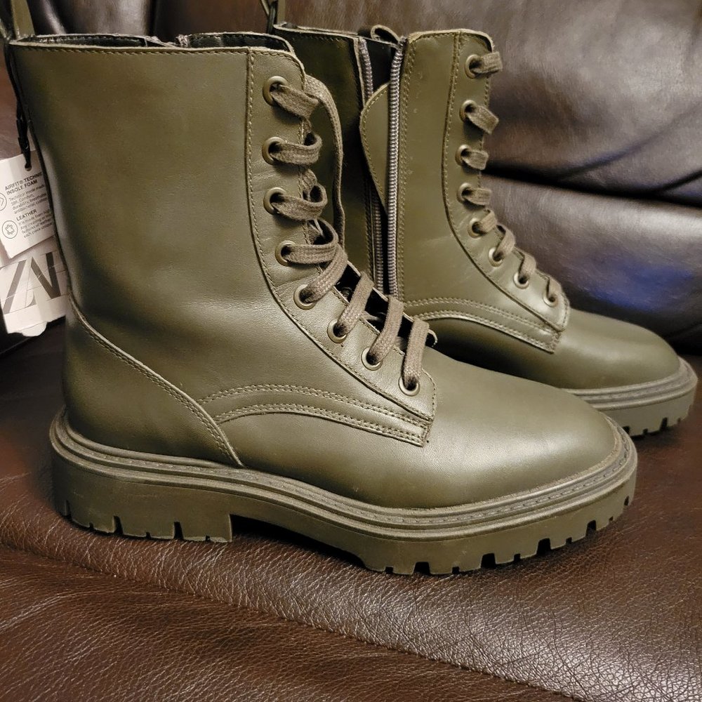 Zara NWT Army Greenish Lace Up Flat Boots in Leather Size 37 Never Worn